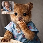 A delightfully messy toddler sitting in a high chair, face and hands smeared with food while enthusiastically shoveling the plate — gourmet chaos and adorable determination in equal measure.