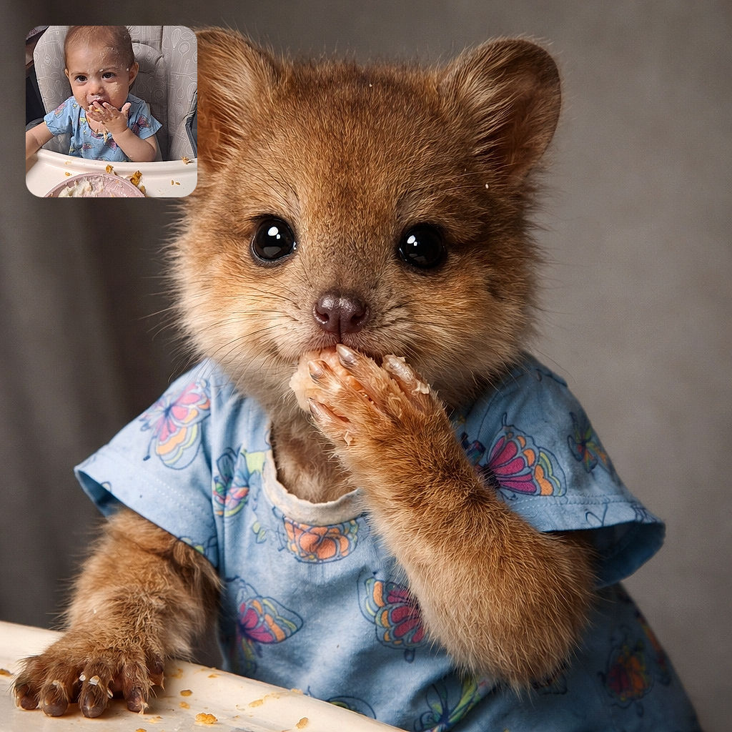 A delightfully messy toddler sitting in a high chair, face and hands smeared with food while enthusiastically shoveling the plate — gourmet chaos and adorable determination in equal measure.