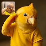 A curious toddler in a bright yellow shirt scratches their head, looking straight at the camera with a soft, slightly blurry background featuring a cozy couch and neutral walls.