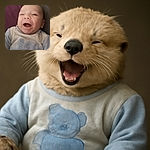 A happy baby with a wide-open mouth and squinting eyes, wearing a cozy outfit with a cute bear design, lying against a purple and gray background, capturing a joyful moment.