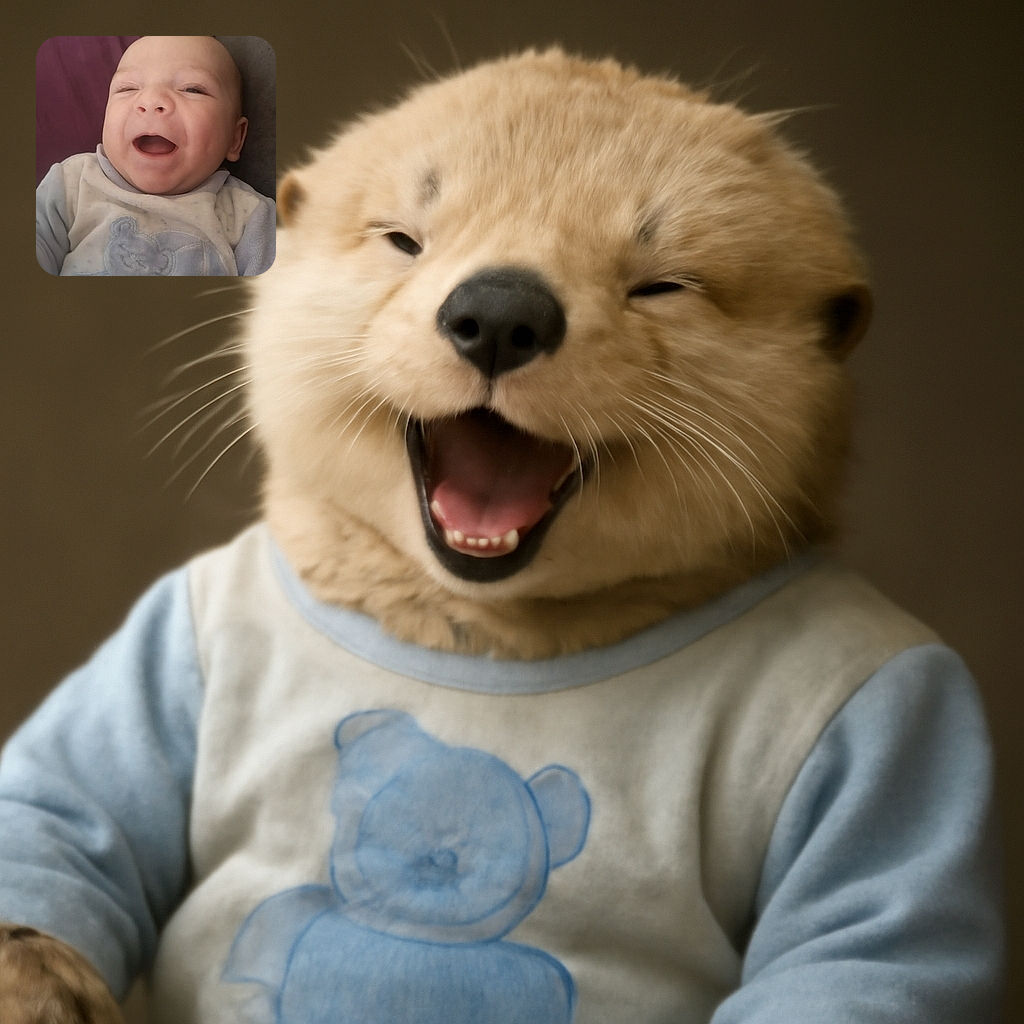 A happy baby with a wide-open mouth and squinting eyes, wearing a cozy outfit with a cute bear design, lying against a purple and gray background, capturing a joyful moment.