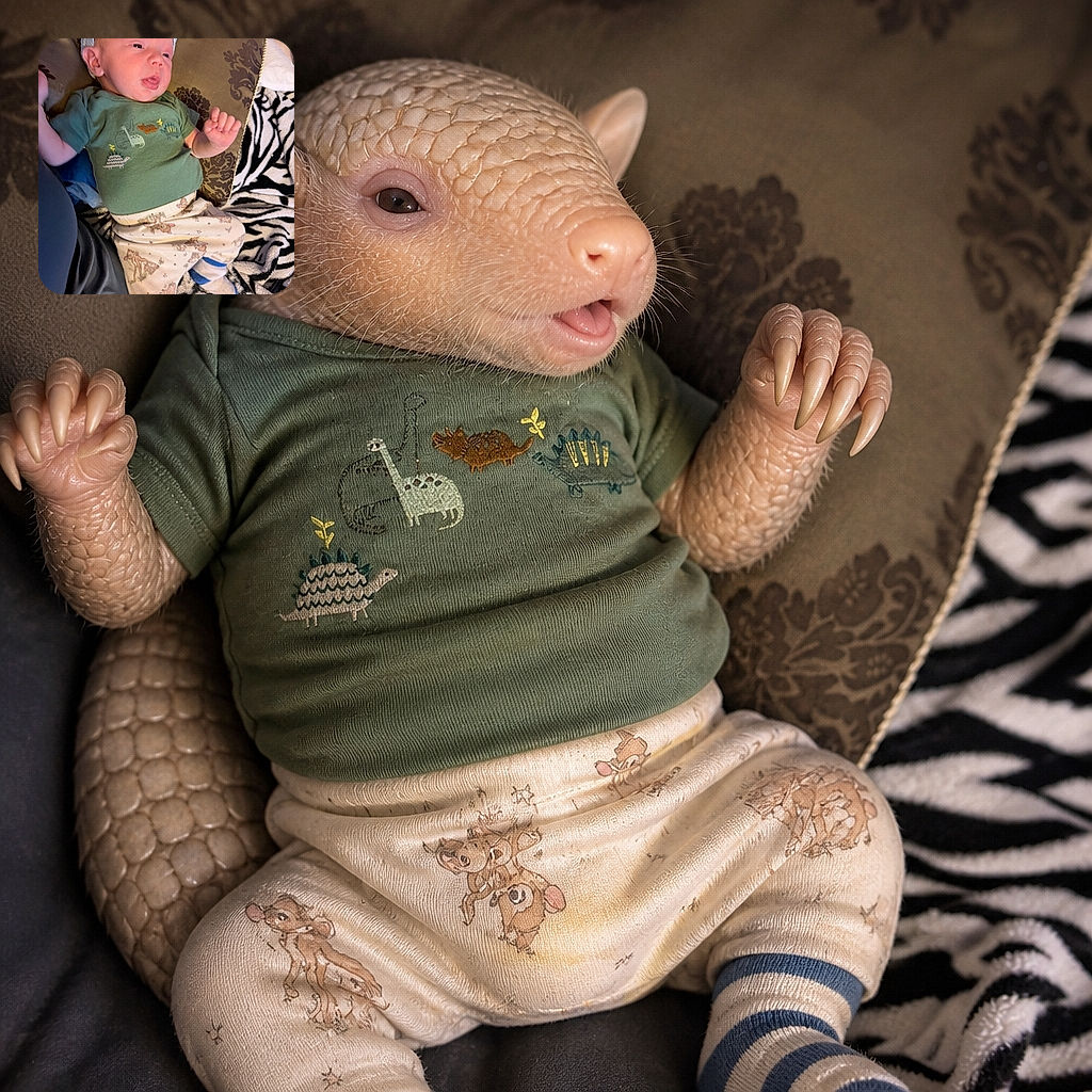 A tiny baby lounges like a pint-sized celebrity on a patterned blanket, wearing a blue cap, dinosaur shirt, and cartoon pajamas while flashing an impressively serious expression and a little raised-fist pose.