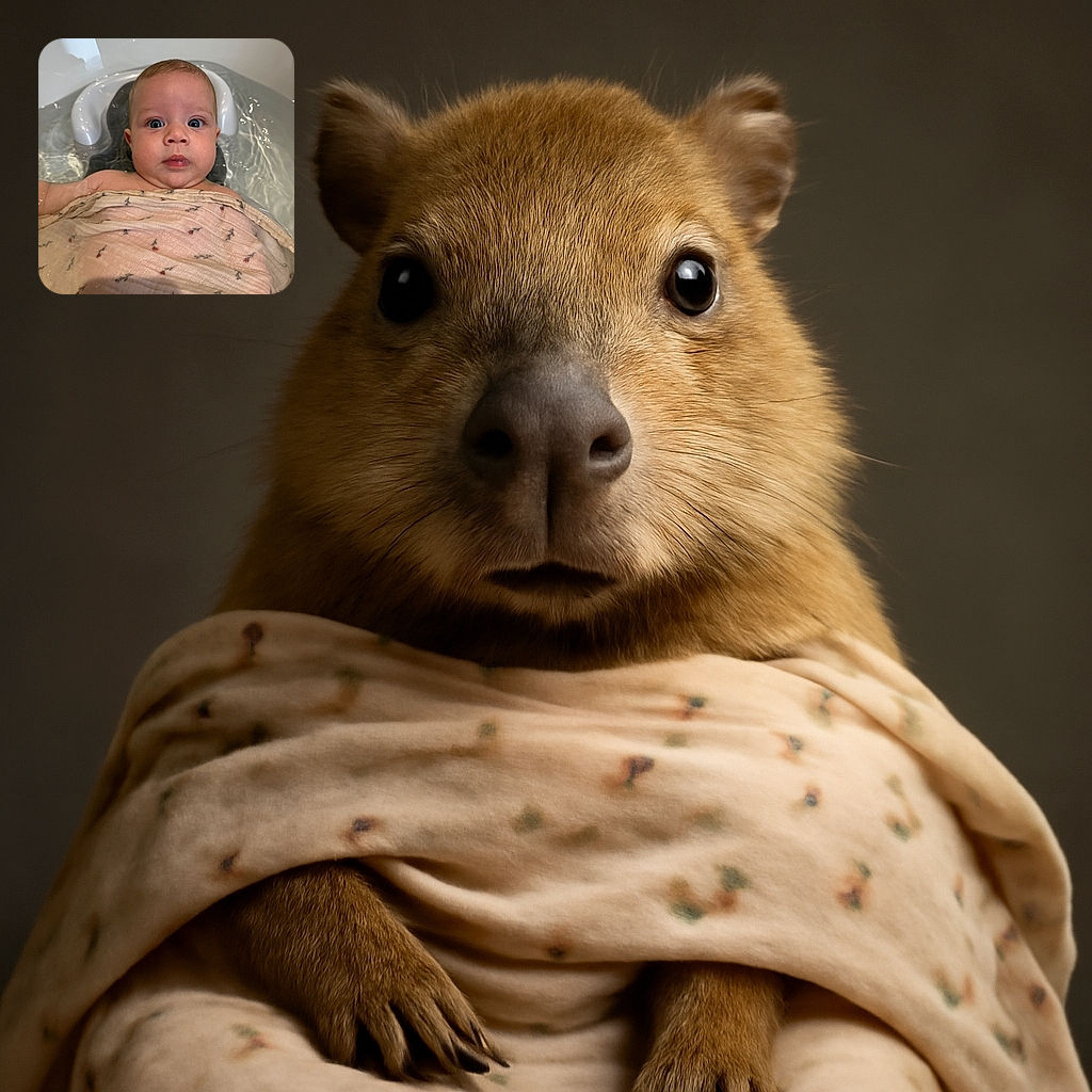A wide-eyed baby is soaking in a bath seat, wrapped snugly in a floral-patterned cloth, looking both surprised and curious as water ripples gently around.