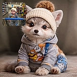 A cute toddler bundled up in a cozy knit hat with a pom-pom sits comfortably in a shopping cart inside a supermarket aisle, looking curiously at the camera with wide eyes, surrounded by shelves stocked with various grocery items.
