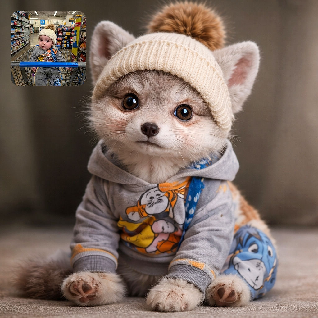 A cute toddler bundled up in a cozy knit hat with a pom-pom sits comfortably in a shopping cart inside a supermarket aisle, looking curiously at the camera with wide eyes, surrounded by shelves stocked with various grocery items.