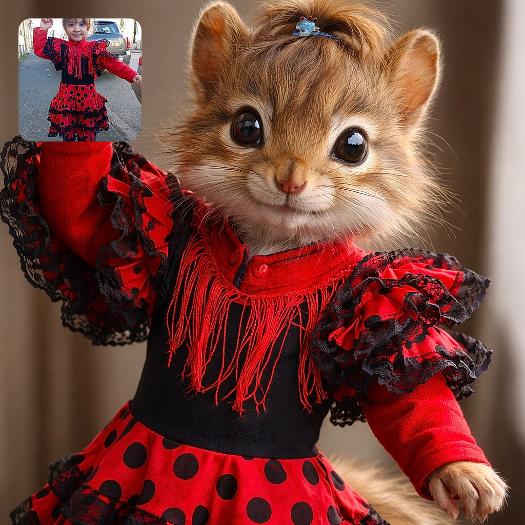 A cheerful little girl in a red polka-dot flamenco-style dress strikes a joyful pose on the sidewalk, looking straight at the camera with a shy grin and a tiny hair clip—like a miniature dancer who just claimed the street as her stage.