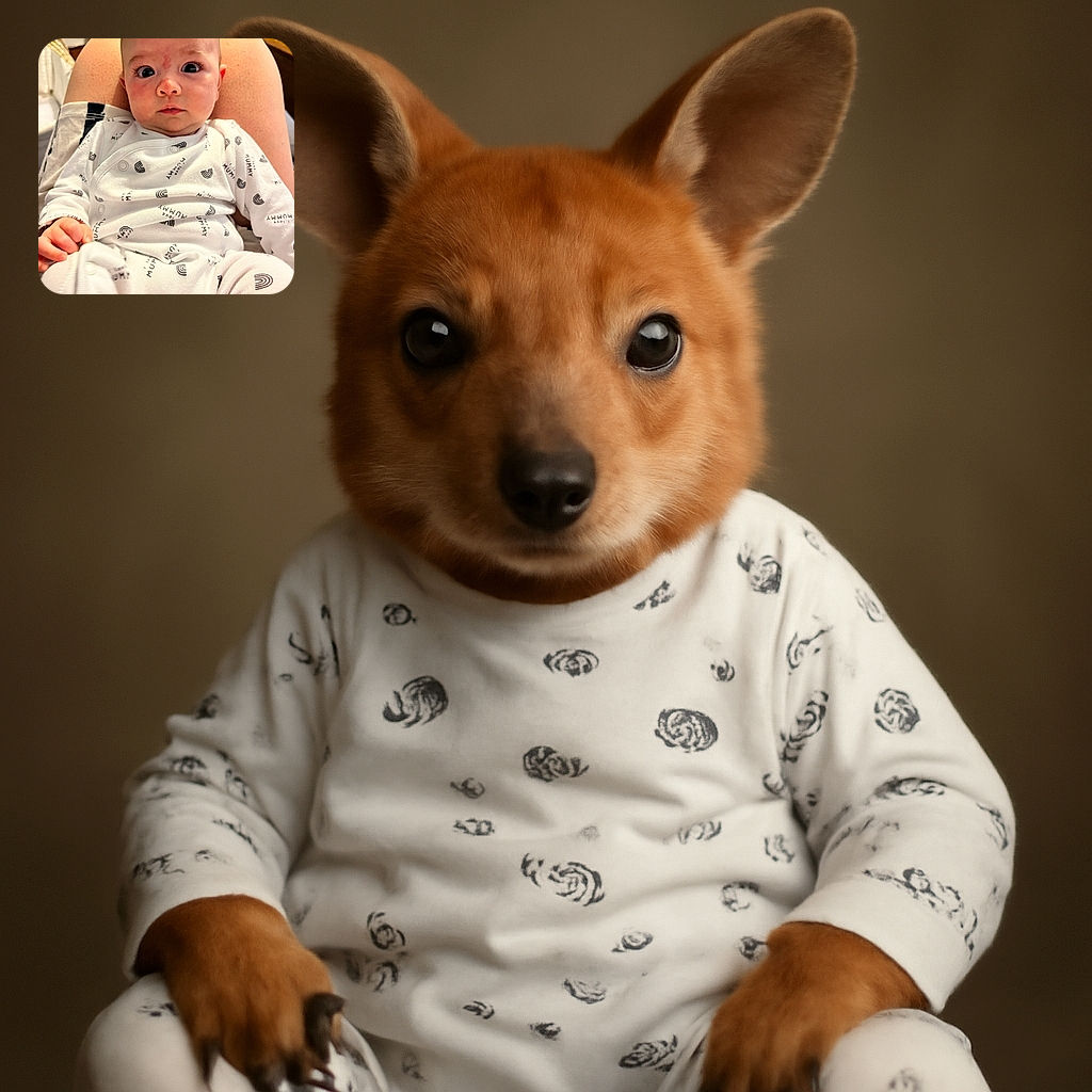 A wide-eyed baby in cozy white pajamas with 'I love Mummy' prints is sitting comfortably on someone's lap, looking curiously at the camera with a tiny red mark on the forehead adding character to the adorable expression.