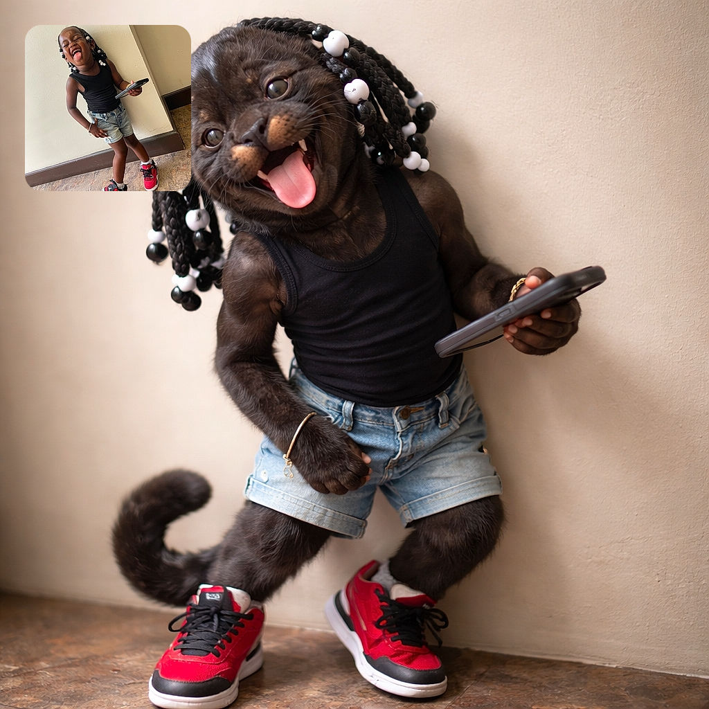 A joyful young child with beaded hair strikes a playful pose against a plain wall, sticking out their tongue and holding a phone, rocking bright red sneakers and casual shorts with infectious energy.