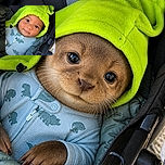 A cheerful baby lounges in a stroller wearing a wonderfully neon-green hood, looking straight at the camera like a tiny space explorer who has just discovered the universe is made of blankets and snacks.