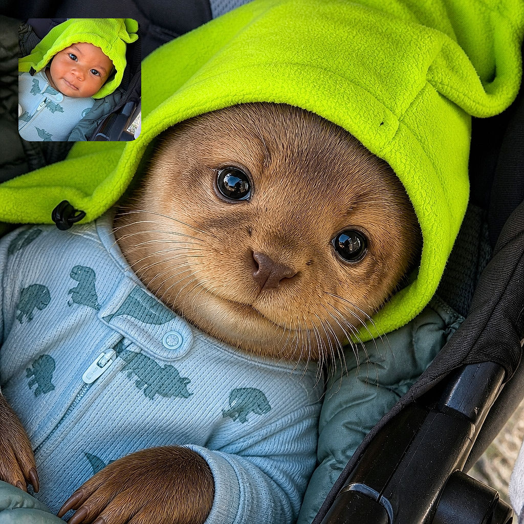A cheerful baby lounges in a stroller wearing a wonderfully neon-green hood, looking straight at the camera like a tiny space explorer who has just discovered the universe is made of blankets and snacks.