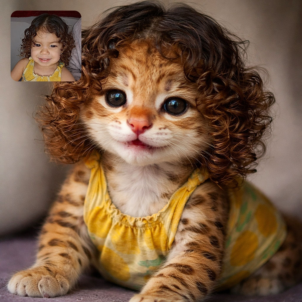 A cheerful little toddler with glossy curly hair and a mischievous grin stares at the camera like a tiny celebrity — bright yellow dress, twinkling eyes, and a cozy indoor backdrop (blanket/towel) completing the snug scene.