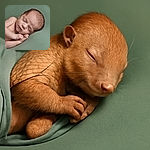 A peacefully sleeping newborn baby lies curled up on a soft green blanket, with delicate features and tiny hands tucked under the cheek, radiating pure innocence and tranquility.