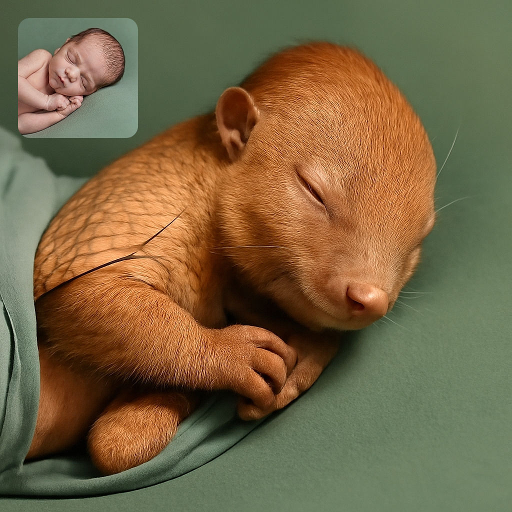 A peacefully sleeping newborn baby lies curled up on a soft green blanket, with delicate features and tiny hands tucked under the cheek, radiating pure innocence and tranquility.
