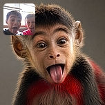 Two playful children pull gloriously ridiculous faces for the camera, sticking out their tongues like tiny comedians auditioning for the world's least serious selfie. Bright windows and a plant fill the background, while dramatic backlighting gives the scene a cheerful, slightly overexposed glow.