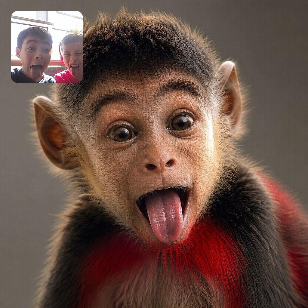 Two playful children pull gloriously ridiculous faces for the camera, sticking out their tongues like tiny comedians auditioning for the world's least serious selfie. Bright windows and a plant fill the background, while dramatic backlighting gives the scene a cheerful, slightly overexposed glow.