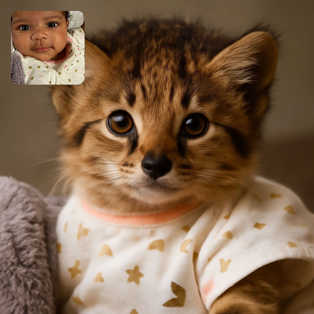 A close-up of an adorable baby with big, curious eyes and a slight smile, wrapped in a soft purple blanket and wearing a starry, moon-themed white outfit. The baby looks cozy and content, with a gentle and innocent expression that melts hearts instantly.