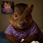 A close-up photo of a baby in a purple polka-dot shirt, with a slightly dim background and soft lighting highlighting the baby's curious expression and chubby cheeks.