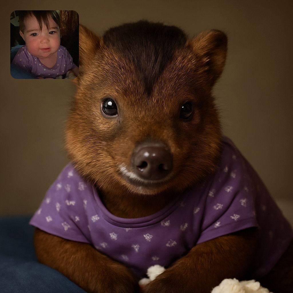 A close-up photo of a baby in a purple polka-dot shirt, with a slightly dim background and soft lighting highlighting the baby's curious expression and chubby cheeks.