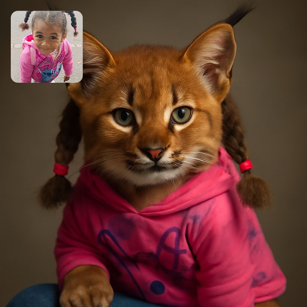 A cheerful little girl with braided pigtails and a bright pink jacket featuring a Stitch character looks up with a mischievous smile, standing on a sidewalk next to someone wearing blue jeans.