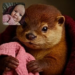 A close-up of a baby wrapped in a soft pink blanket, looking curiously at the camera with big eyes and a subtle smile, cozy against a dark textured background.