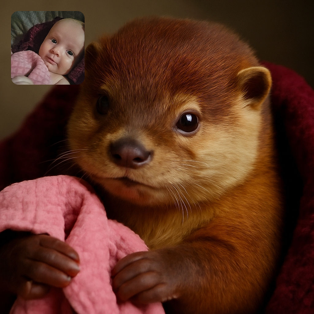 A close-up of a baby wrapped in a soft pink blanket, looking curiously at the camera with big eyes and a subtle smile, cozy against a dark textured background.