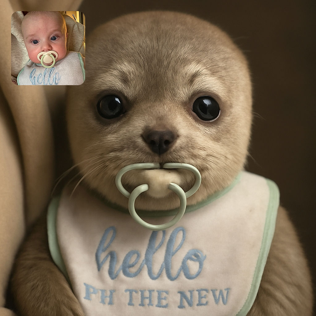A close-up photo of a wide-eyed baby with a pacifier in their mouth, wearing a bib that says 'hello I'm the new'. The baby is being held by someone in a cozy beige hoodie, creating a warm and intimate atmosphere.