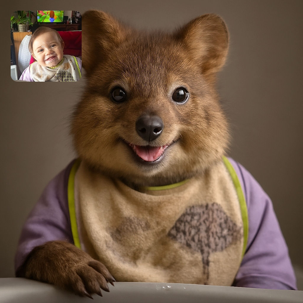 A happy baby with a messy face covered in food, sitting in a high chair with a bib, smiling joyfully while a colorful cartoon plays on the TV in the background. The cozy living room setting adds warmth to the candid moment.