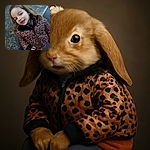 A cheerful young girl with a playful grin and missing front teeth leans toward the camera, wearing a stylish leopard-print jacket. Her wind-tousled hair is adorned with a cute hair clip, and she stands outdoors on a paved surface with a textured stone bench nearby.