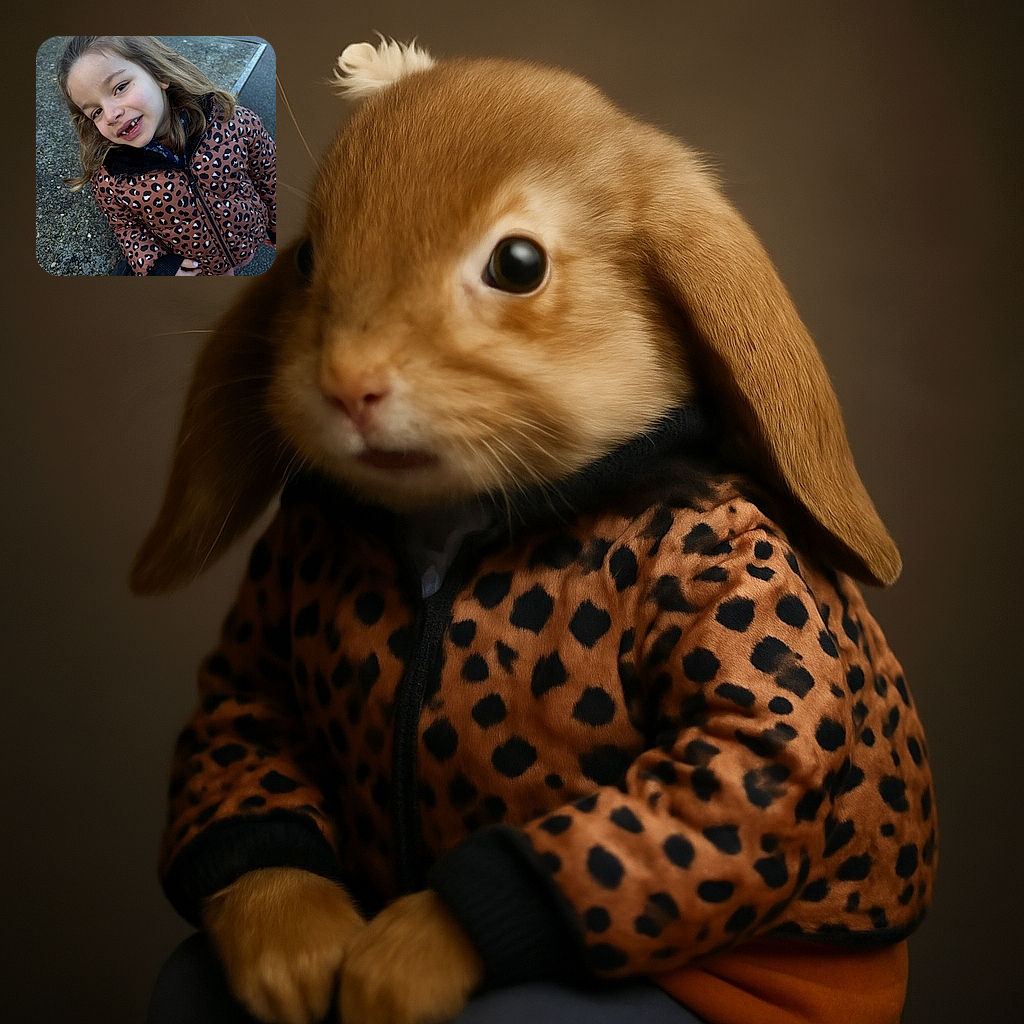 A cheerful young girl with a playful grin and missing front teeth leans toward the camera, wearing a stylish leopard-print jacket. Her wind-tousled hair is adorned with a cute hair clip, and she stands outdoors on a paved surface with a textured stone bench nearby.