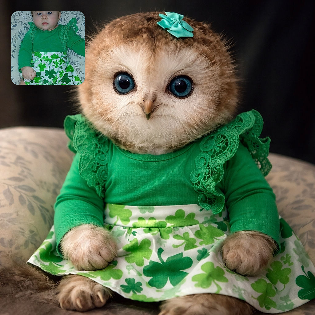 A wide-eyed baby in a shamrock-splattered skirt and matching green top lies propped on a patterned pillow against a dark backdrop — tiny bow in the hair, little fists, and an expression that says, "I may be small but I own St. Patrick's Day."