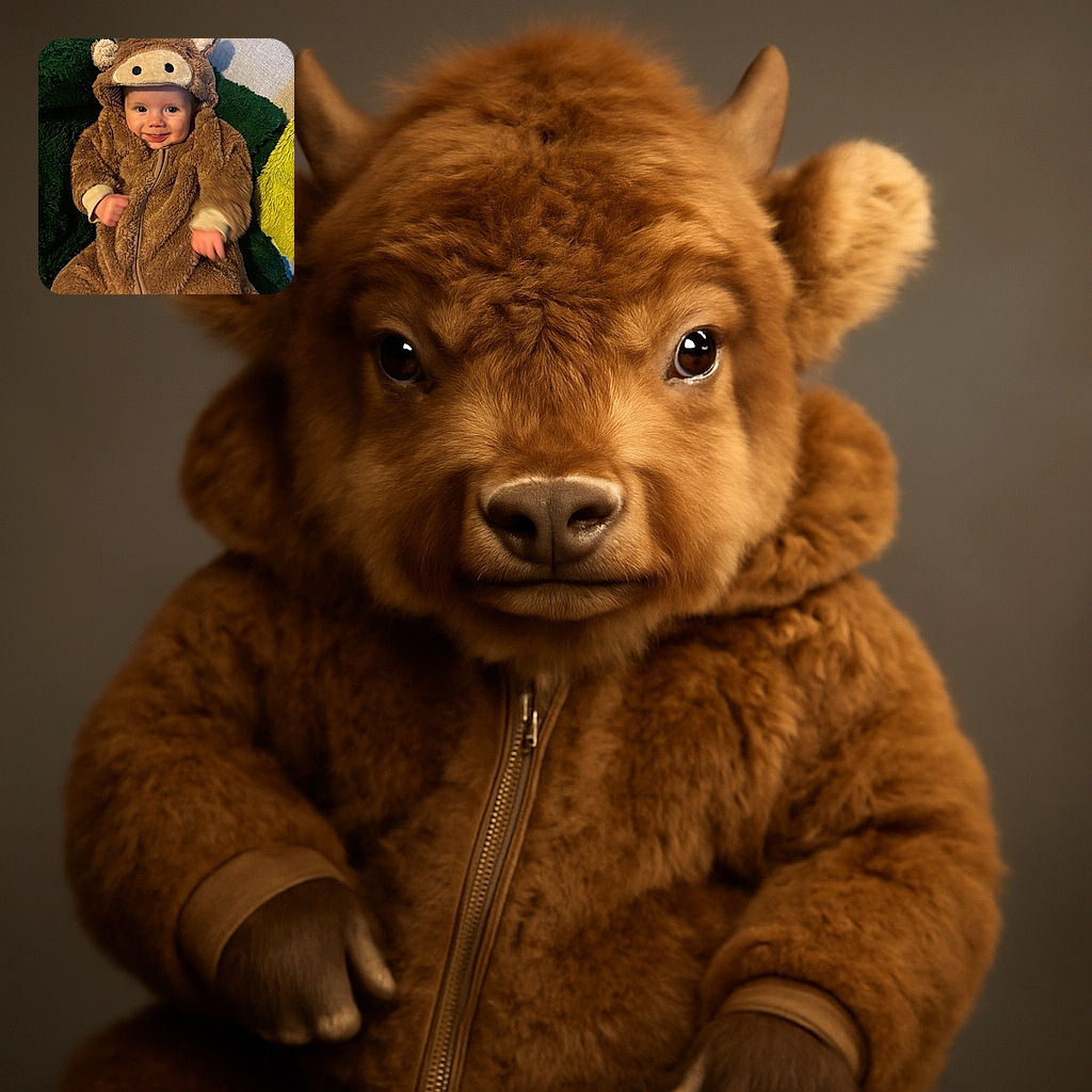 A smiling baby dressed in an adorable fuzzy brown animal costume with horns, sitting comfortably on a green and yellow plush background, looking ready to charm everyone with cuteness.