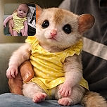 A curious baby in a yellow polka-dot outfit is cradled comfortably in an adult's arm, with wide eyes taking in the world. The background shows a casual setting with a hint of a graphic t-shirt and a cross necklace adding subtle character.