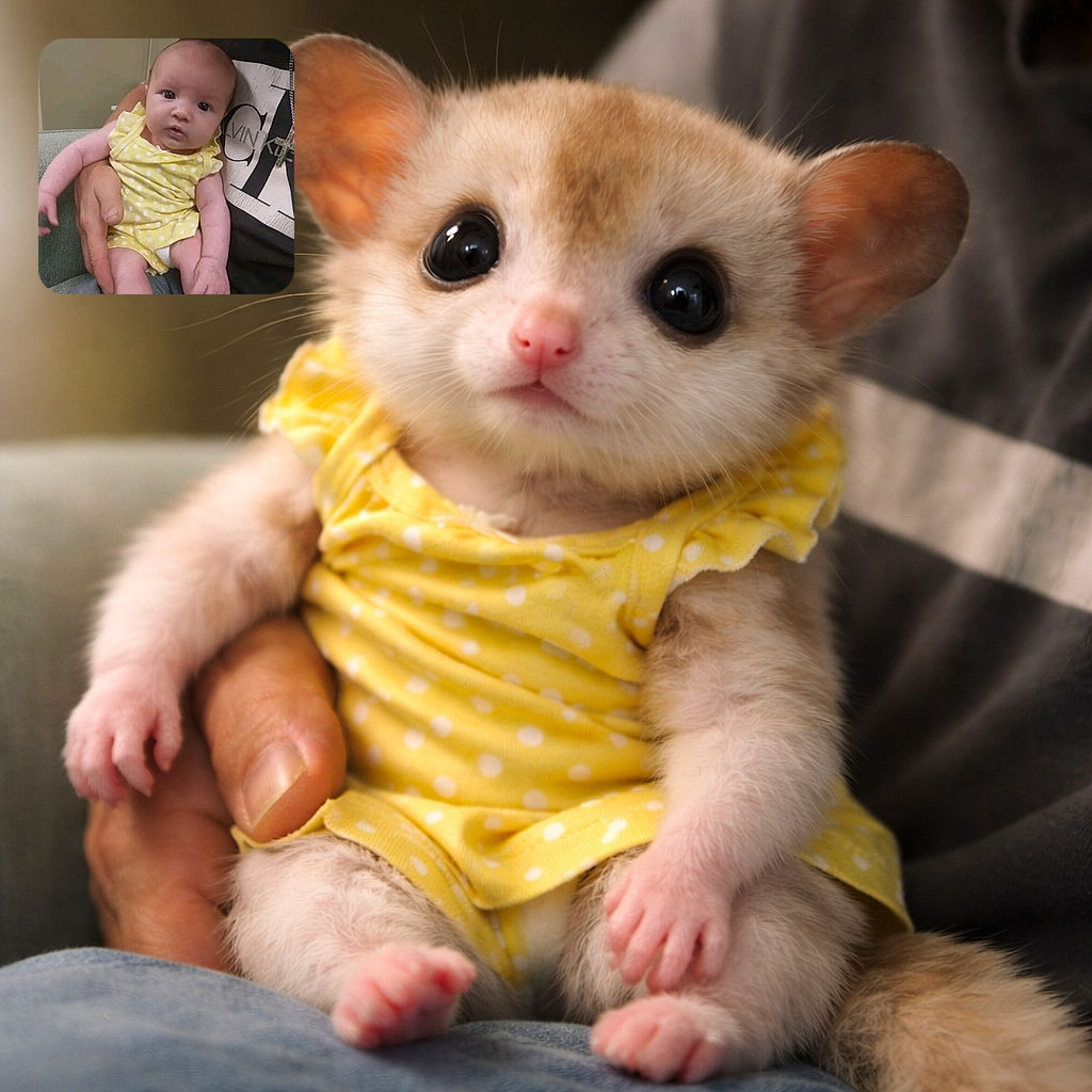 A curious baby in a yellow polka-dot outfit is cradled comfortably in an adult's arm, with wide eyes taking in the world. The background shows a casual setting with a hint of a graphic t-shirt and a cross necklace adding subtle character.