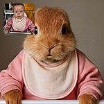 A cute baby with wide curious eyes sits in a high chair wearing a pink outfit and a bib, with a bit of food mess around the mouth and on the bib, looking directly at the camera with an innocent and slightly surprised expression.