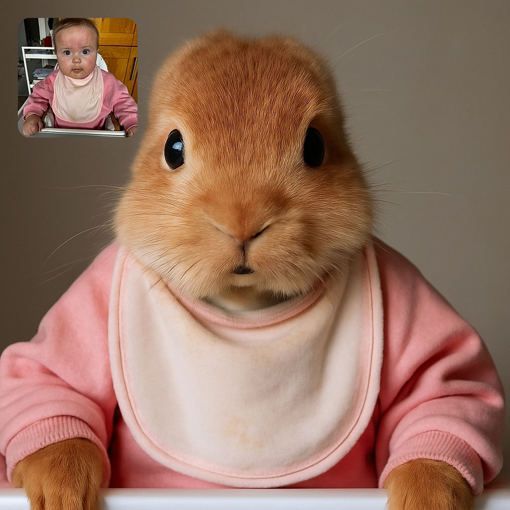 A cute baby with wide curious eyes sits in a high chair wearing a pink outfit and a bib, with a bit of food mess around the mouth and on the bib, looking directly at the camera with an innocent and slightly surprised expression.