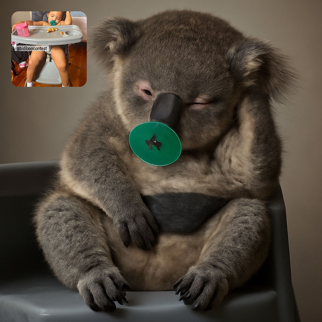 A toddler is fast asleep in a high chair, pacifier in mouth, with crumbs of pizza on the tray and a pink sippy cup nearby. The child looks utterly exhausted from mealtime, striking a cute pose with one hand resting on their head. The background is softly blurred with wooden flooring and some household items visible.