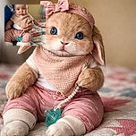 An adorable baby with big curious eyes and a pink bow headband is being gently held by an adult wearing a blue shirt. The baby sports a cozy beige bib and pink pants with tiny patterns, sitting comfortably on a colorful quilted bedspread. The soft lighting and shallow depth of field create a warm and intimate atmosphere.