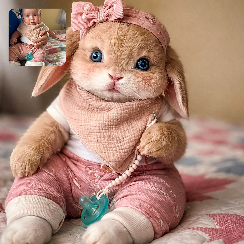 An adorable baby with big curious eyes and a pink bow headband is being gently held by an adult wearing a blue shirt. The baby sports a cozy beige bib and pink pants with tiny patterns, sitting comfortably on a colorful quilted bedspread. The soft lighting and shallow depth of field create a warm and intimate atmosphere.