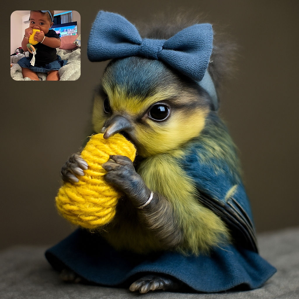 A cute baby wearing a big blue bow headband is sitting on a cozy blanket, chewing on a yellow knitted toy with intense concentration. The background shows a softly blurred room with a TV screen and some household items.