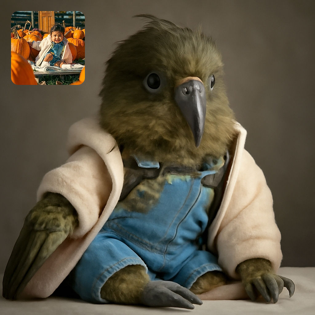 A cheerful toddler dressed in cozy denim and a fluffy jacket sits among a sea of bright orange pumpkins, looking ready to conquer the pumpkin patch with a mischievous grin and a hand firmly planted on a giant pumpkin.