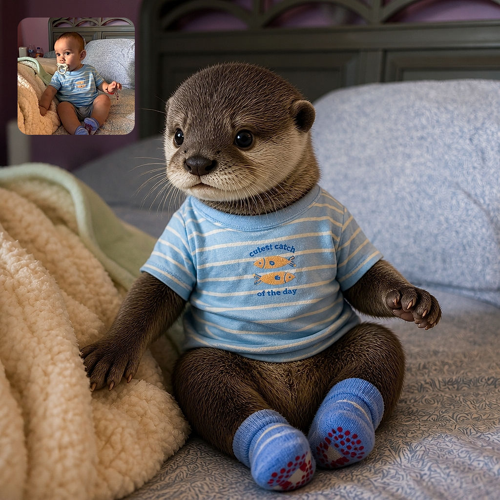 A curious baby sits proudly on a bed with a pacifier, striped fish shirt, and fuzzy blanket, looking like a tiny captain inspecting the bedroom while his socks prepare for a great escape.