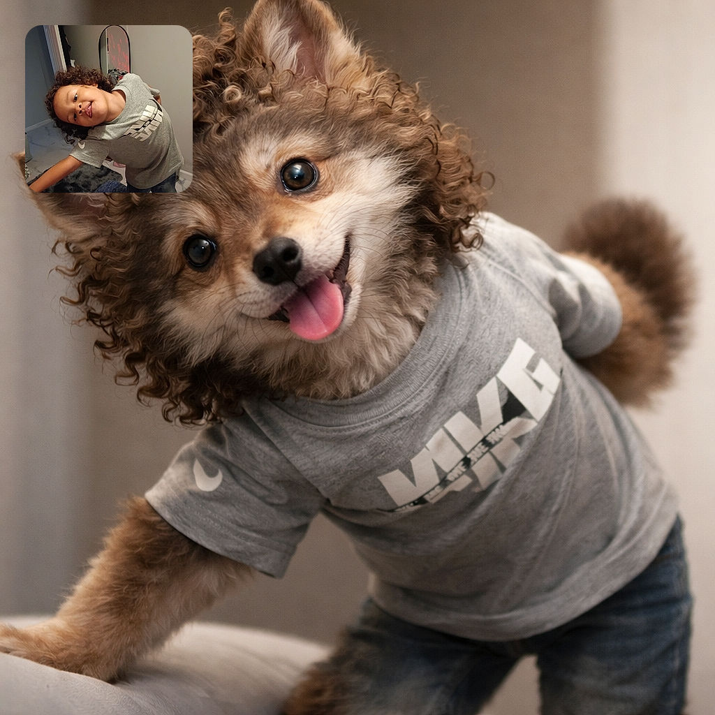 A curly-haired kid leans in with a goofy, tongue-out grin, arms splayed like a tiny airplane in a cozy bedroom — a mirror, rug and scattered clothes provide the chaotic runway for this impromptu model moment.
