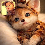 A charming baby with big curious eyes wearing a cute patterned head wrap and matching outfit, lying on a soft light-colored surface, bathed in warm, gentle lighting that highlights the innocence and softness of the moment.