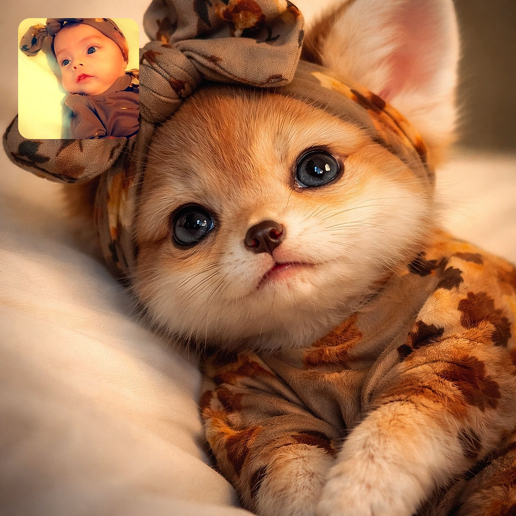 A charming baby with big curious eyes wearing a cute patterned head wrap and matching outfit, lying on a soft light-colored surface, bathed in warm, gentle lighting that highlights the innocence and softness of the moment.