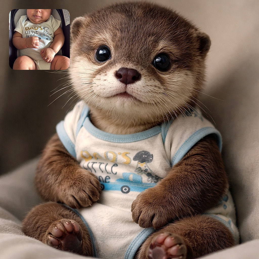 A chubby-cheeked baby lounges in a car seat, eyes wide and curious, tiny fists clenched like a determined superhero — sporting a 'Dad's little dude' onesie while safety warning stickers peek from the sides.