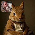 A curious baby lounges comfortably on a colorful animal-patterned cushion, gazing intently at the camera with a slightly furrowed brow, as a fan quietly spins in the background.