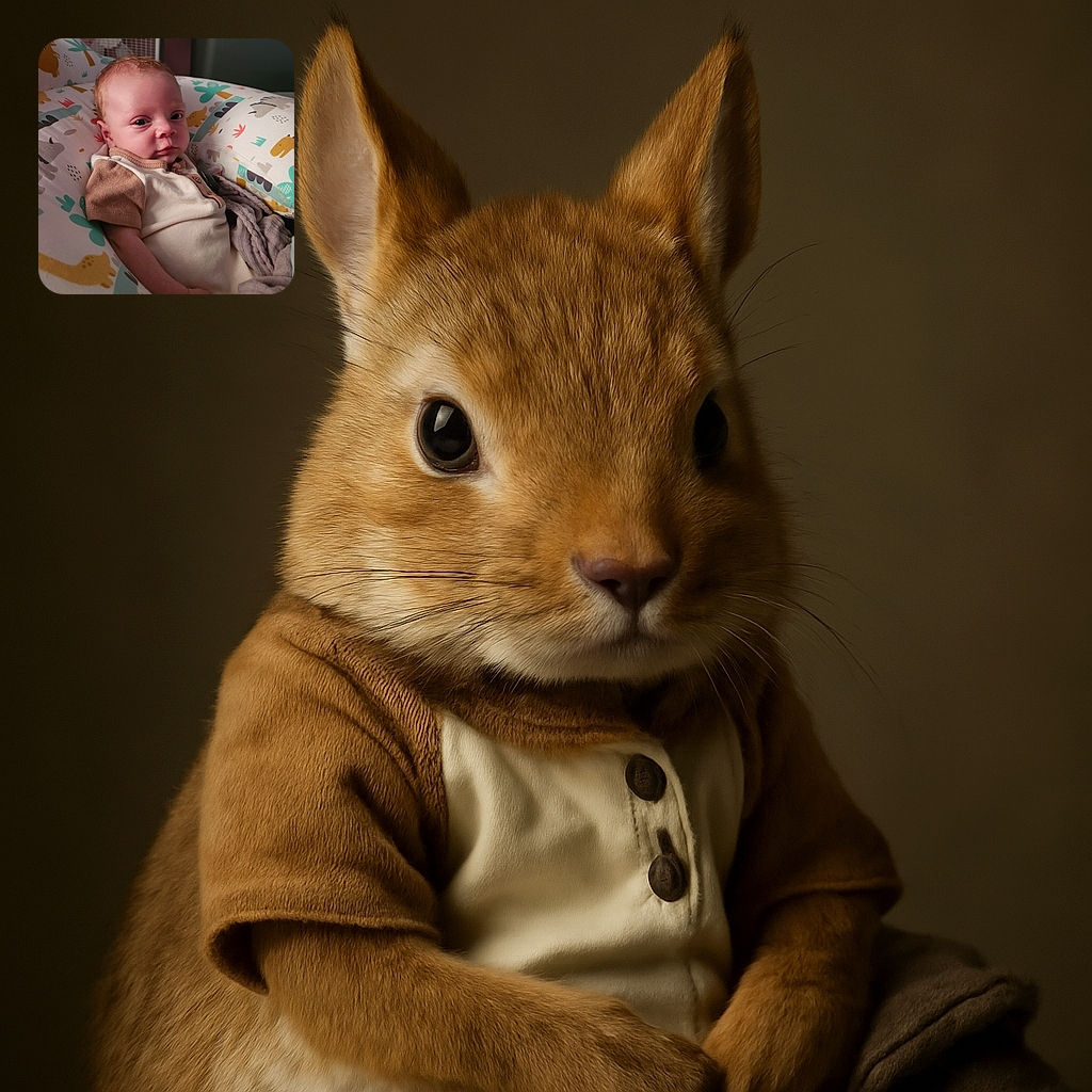 A curious baby lounges comfortably on a colorful animal-patterned cushion, gazing intently at the camera with a slightly furrowed brow, as a fan quietly spins in the background.