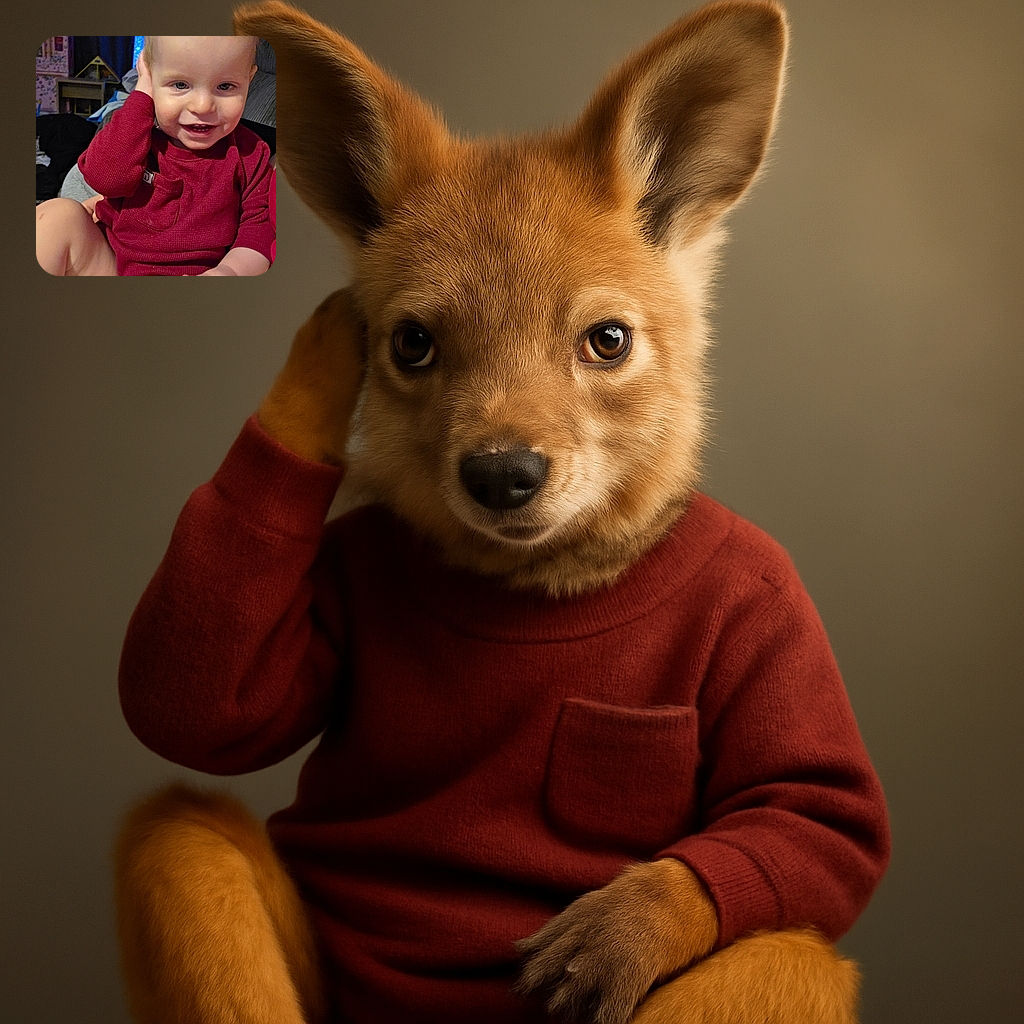 A cheerful toddler in a cozy maroon sweater smiles playfully, one hand touching their ear, while sitting comfortably indoors surrounded by a softly lit, cluttered background.