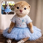A charming toddler in a fluffy blue dress sits gracefully on a wooden bench under a gazebo, with a man peeking playfully from the side, both enjoying a sunny day surrounded by flowers and greenery.