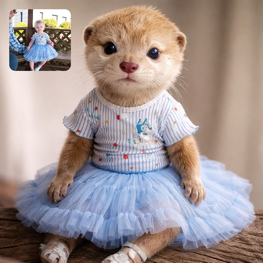 A charming toddler in a fluffy blue dress sits gracefully on a wooden bench under a gazebo, with a man peeking playfully from the side, both enjoying a sunny day surrounded by flowers and greenery.